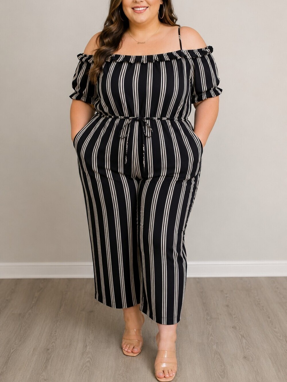 Just Found Multi Color Striped Cold Shoulder Cropped Jumpsuit